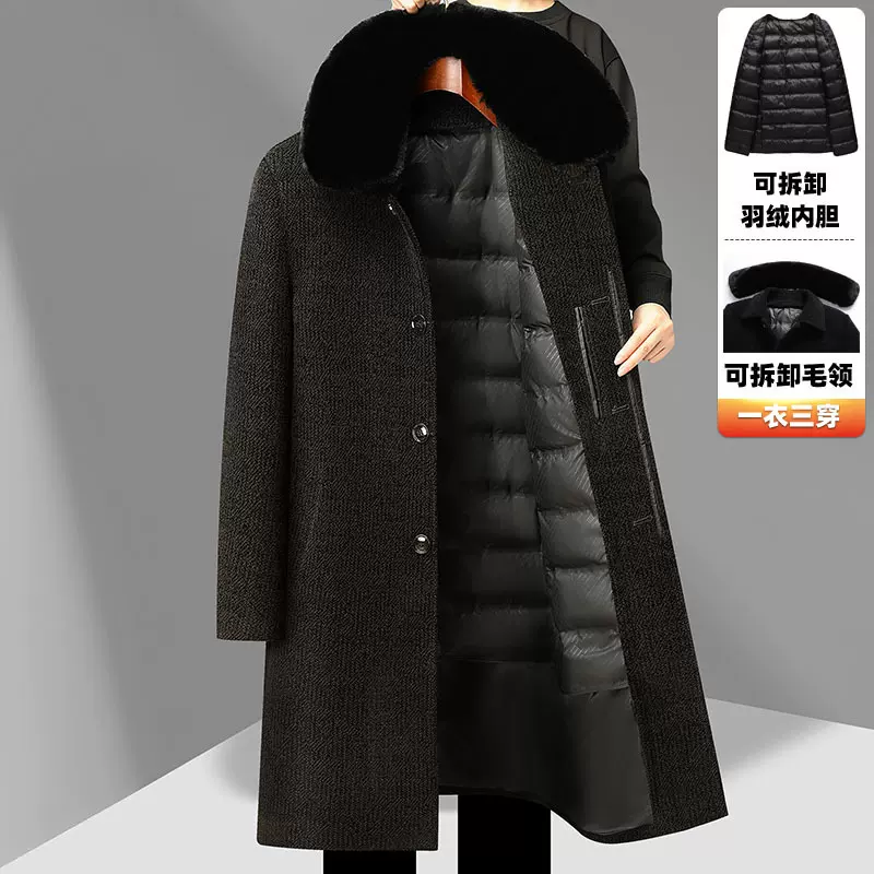 男士加厚可拆卸毛领大衣2024冬季新款男装中老年可脱卸内胆外套