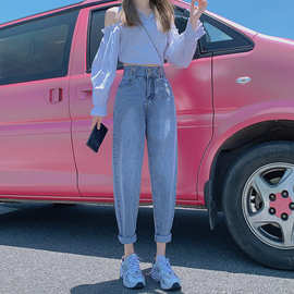 韩版高腰牛仔裤女2023秋季新款九分宽松显瘦老爹阔腿哈伦萝卜裤子