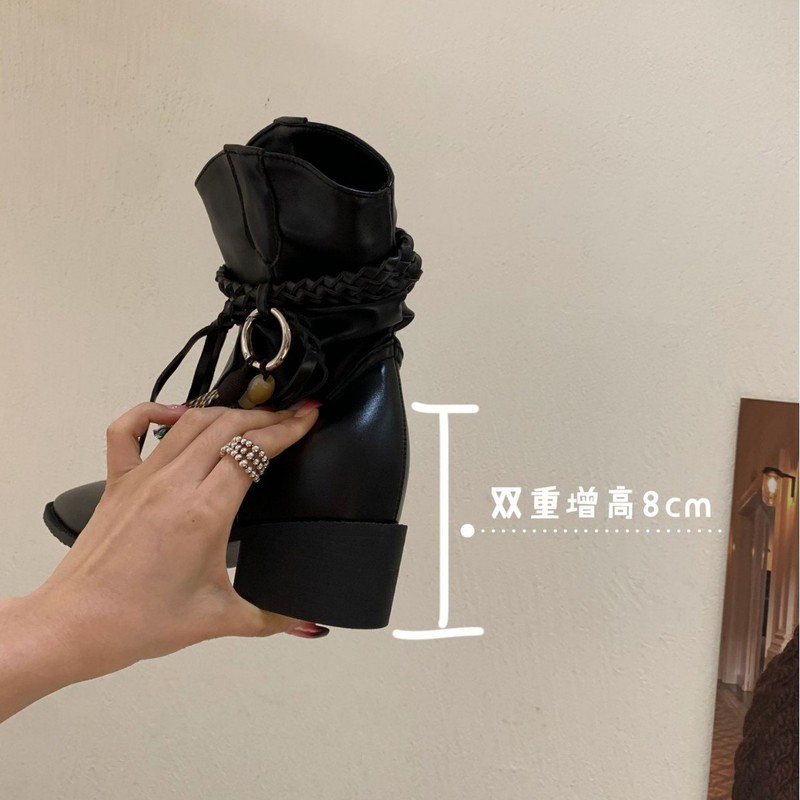 2025秋冬新款流苏粗跟短靴女尖头内增高西部牛仔靴骑士高筒靴两穿|undefined