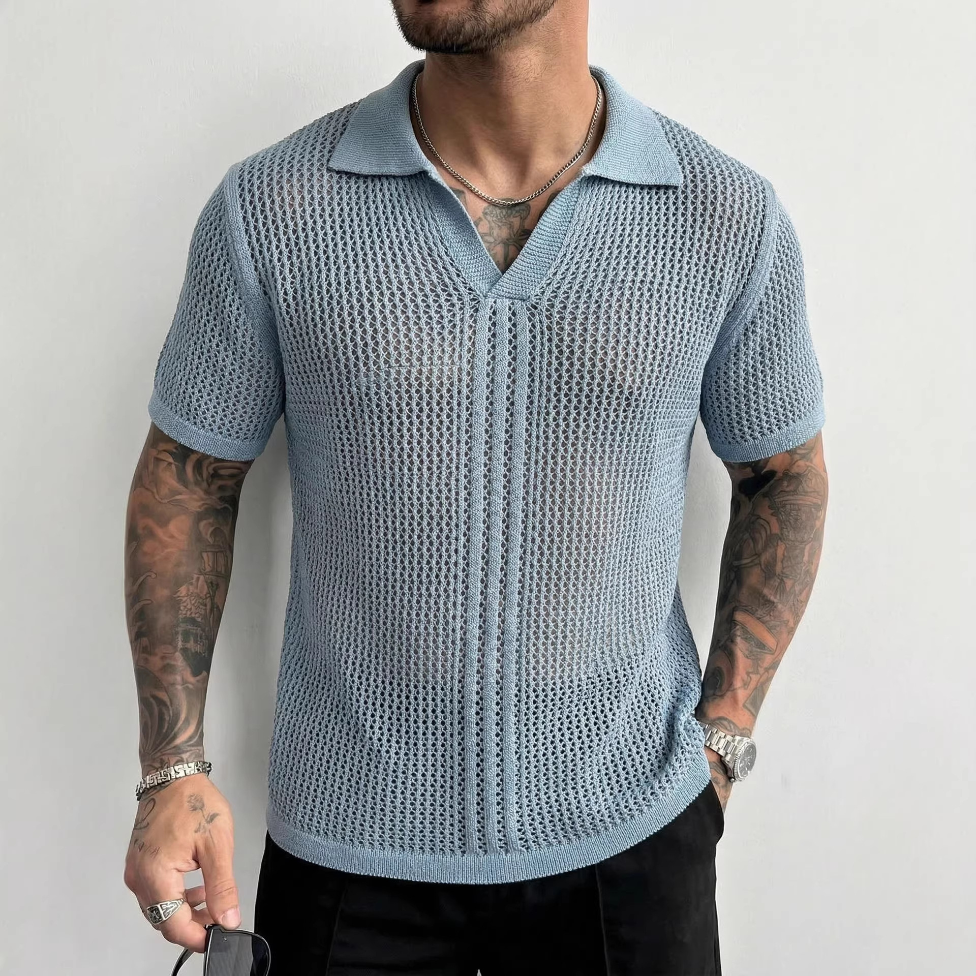 Hellblaues Strick-poloshirt Für Herren Mit Luftigem Netzmuster_voghion.com