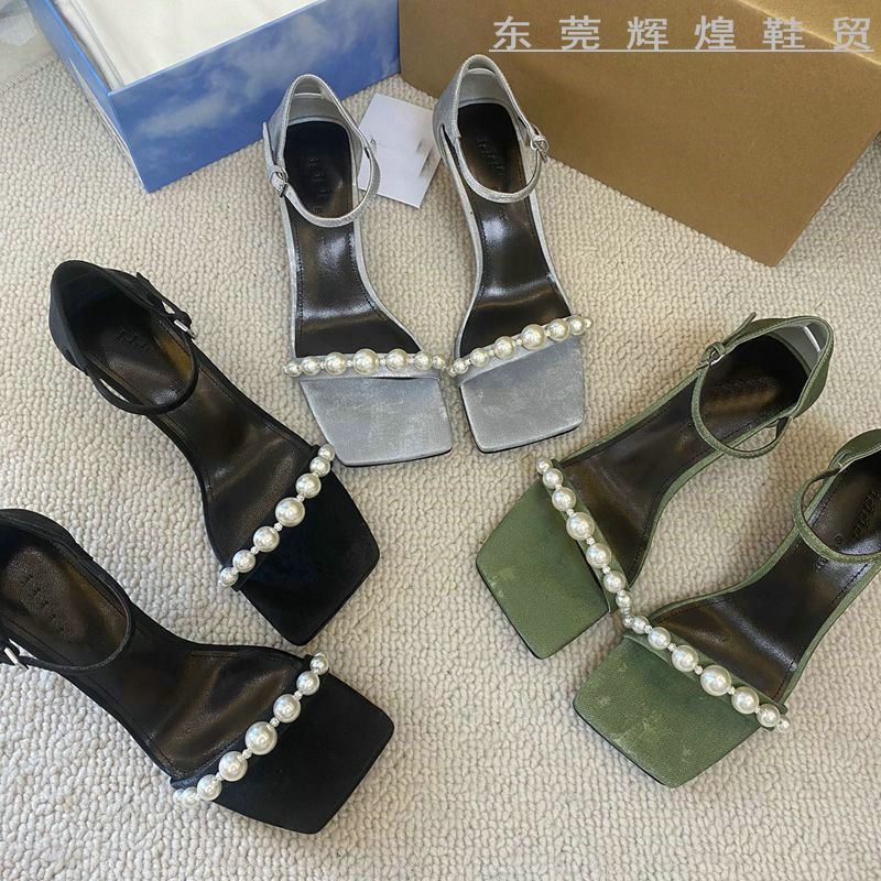 Summer Fabric Pearl Chain Square Toe Open-Toe Kitten Heel High-Heeled Sandals for Women, Stiletto Heels, 2024 New Style