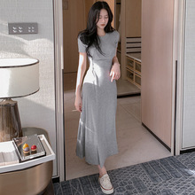韩国春夏新款修身性感舒适收腰纽扣气质百搭显身材长款短袖连衣裙