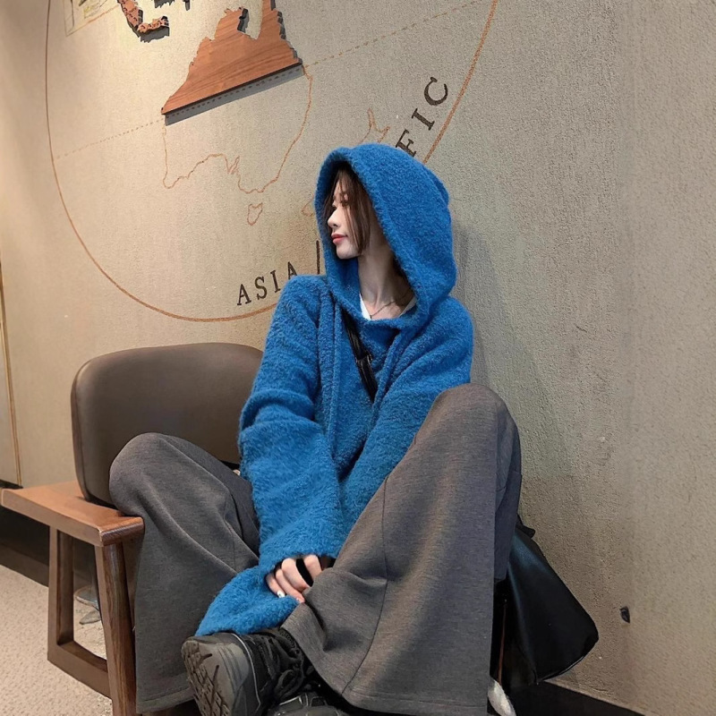 羊羔绒柔软长袖连帽优质毛衣女2025秋冬新款宽松时尚潮韩系针织衫|undefined