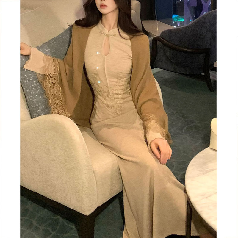 【杏织云裳】新中式巨好看早秋连衣裙立领刺绣针织长裙开衫外套女|undefined