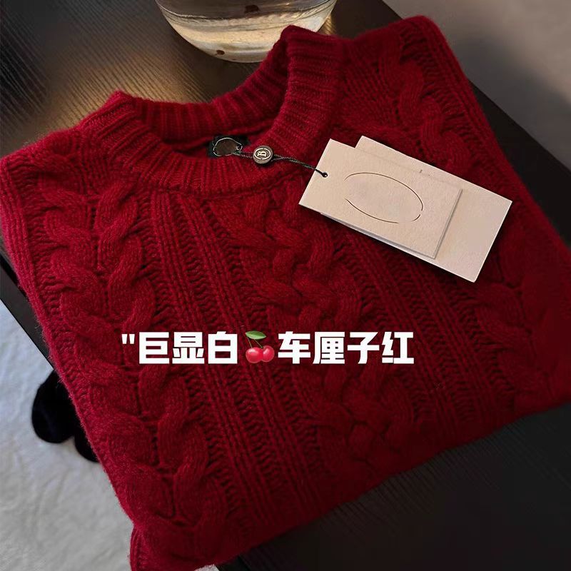 红色粗线麻花毛衣女秋冬新款慵懒风宽松加厚欧货高级感针织衫上衣