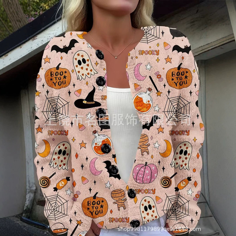 V-neck long-sleeve 3D Halloween women's cardigan for cross-border foreign trade, buttoned women's clothing, digital V-neck