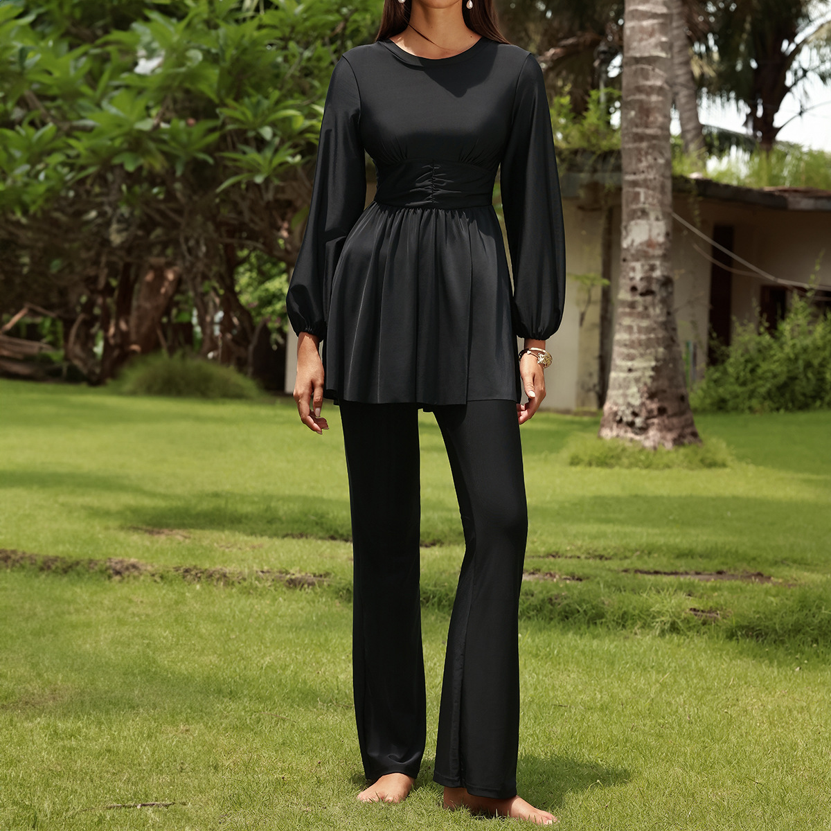 European and American Conservative Swimsuit Women's Long-Sleeved Flesh-Covering Slimming Two-Piece Set Large Size Sun Protection Beach Vacation Surfing Swimsuit Women