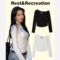 韩国restandrecreation斜肩长袖T恤女张元英同款露肩短款修身上衣