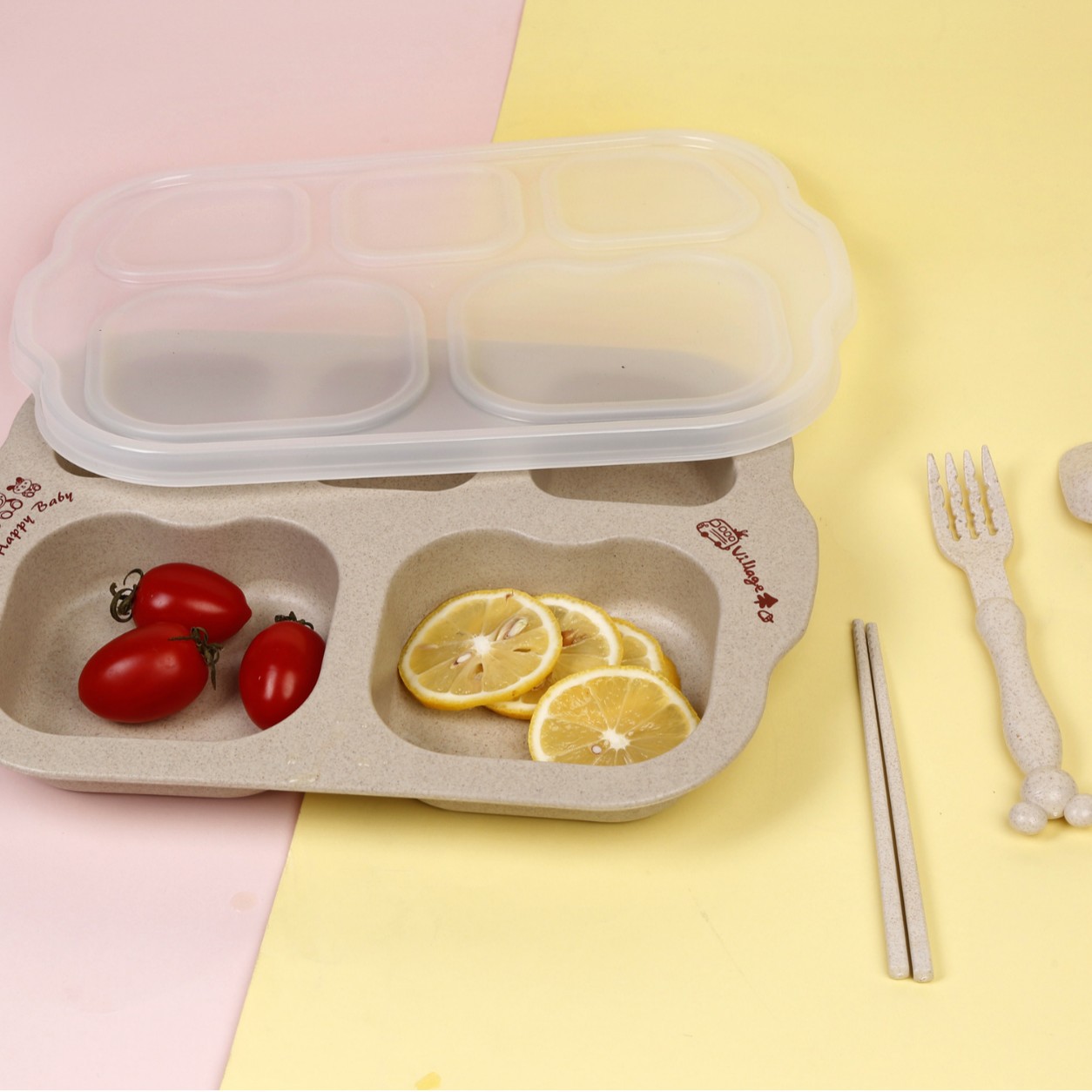Jardín de infantes de paja de trigo comida dividida para niños Plato de desayuno de estudiantes Plato dividido con cuchara tenedor palillos