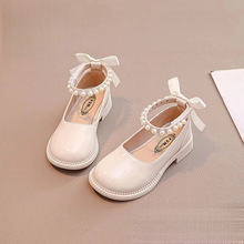 女童公主小鞋子皮鞋2025春季新款小学生高跟鞋白色蝴蝶结儿