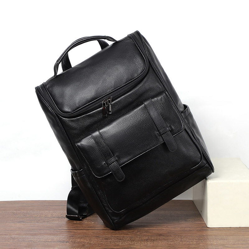 Ba lô da bò lớp đầu da thật 42×15×30 cm, túi đựng laptop dung lượng lớn đa năng đi du lịch ngoài trời — Màu đen