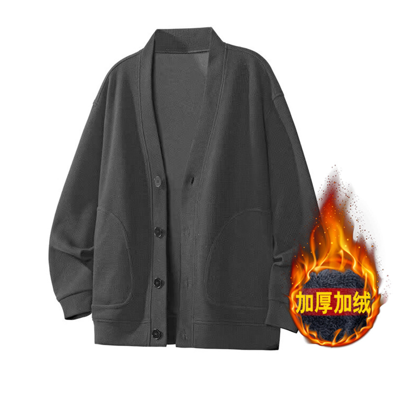 Cardigan de cuello en V chaqueta waffle suéter hombre delgado más veludo engrosado otoño invierno perezoso fábrica transfronteriza superior al por mayor