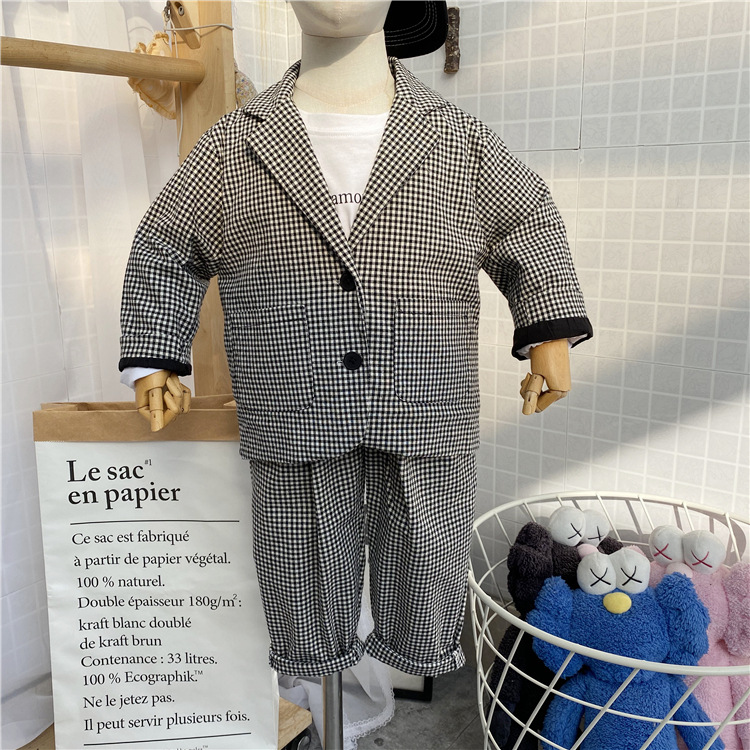 2024 tidig vår Koreansk klädsel Nya barnkläder för pojkar höstrutig kostym, byxor, kostym tvådelat set trendigt_voghion.com