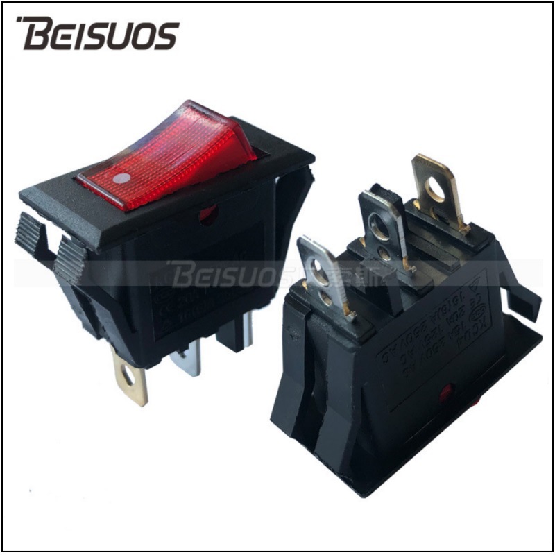 大电流船型翘板开关16A250V 三脚两档带红灯双卡 20A125V 32*16mm