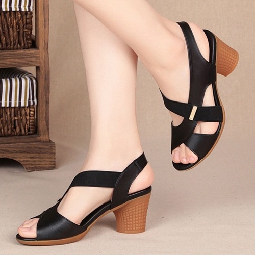 Women's Summer Fish Mouth Slip-On Sandals with Medium Heel, Thick Heel High Heels, Simple Wind, Mother's Shoes for Middle-Aged and Elderly,  New Model