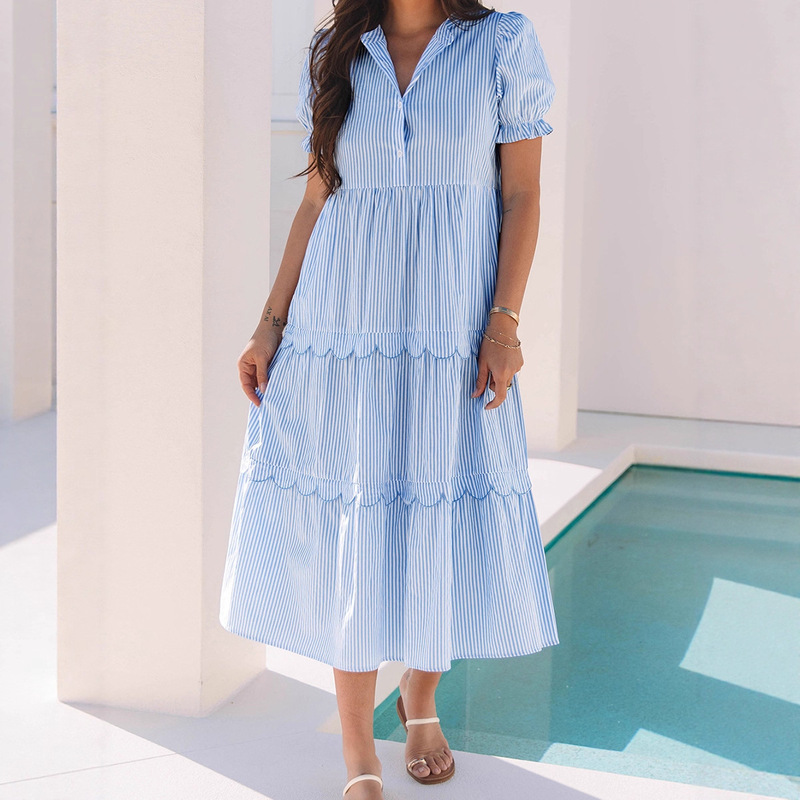 Shiying Summer New Striped Color Block Puff Sleeve Dress for Women 2025 European and American Casual Loose Layered Long Dress for Women