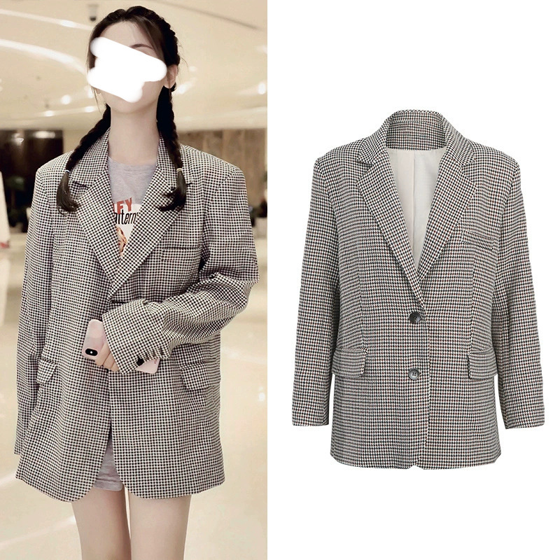 [Spot] Yang Chaoyue with Houndstooth Suit Jacket Korean Fashion Loose Slim Cardigan Small Suit Women