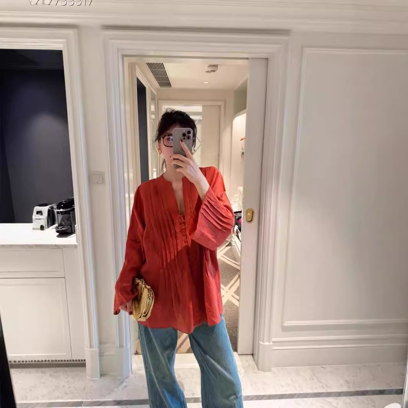 2026 Summer and Autumn New Red Clay-Colored Ramie Lightweight Hand-Pleated Loose Shirt Casual Loose Fashionable Morning Robe 2026 Summer and Autumn New Red Clay-Colored Ramie Lightweight Hand-Pleated Loose Shirt Casual Loose Fashionable Morning Robe