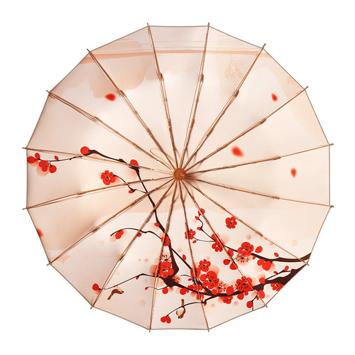 Wooden handle three-fold 16-bone new style gold glue umbrella for rain or shine, ancient style, small and fresh folding umbrella, wind-resistant umbrella, gold glue umbrella