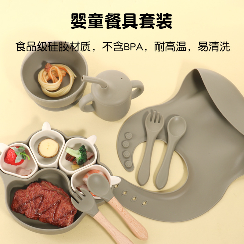 Children's Dinner Plate Cartoon Bear Food Supplement Silicone Tableware Set Anti-Fall Wholesale Food Supplement Bowl Divided Integrated Spoon and Fork Children's Dinner Plate Cartoon Bear Food Supplement Silicone Tableware Set Anti-Fall Wholesale Food Supplement Bowl Divided Integrated Spoon and Fork