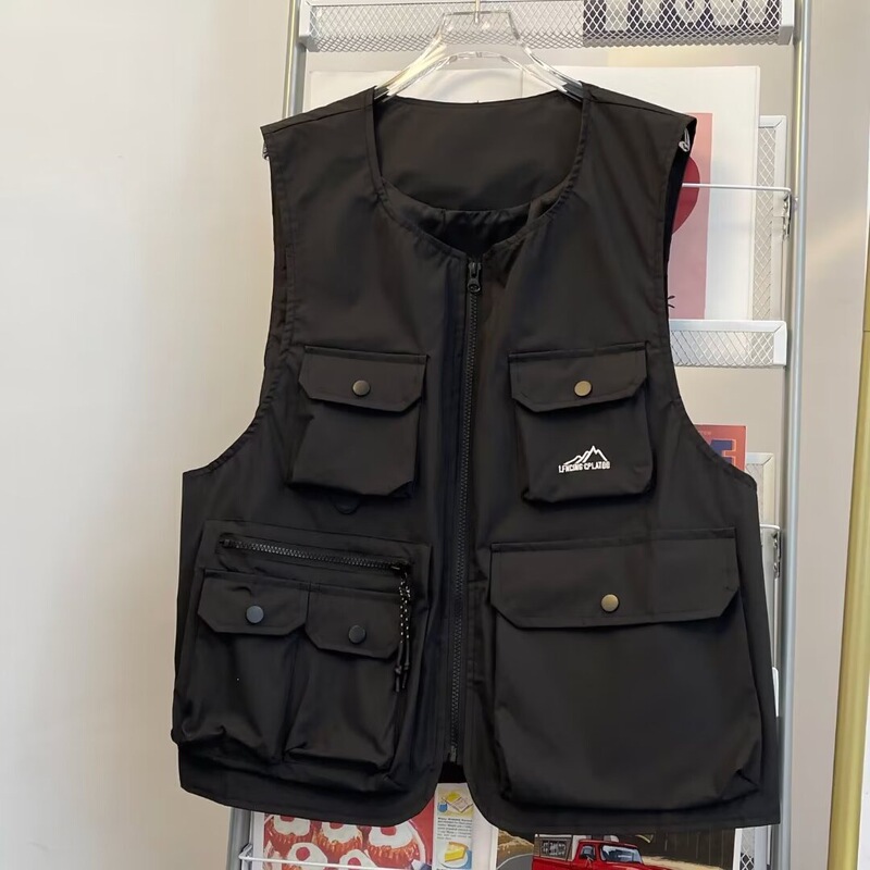 Autumn Thin Workwear Vest for Men, Round Neck Casual Trendy Brand Vest, Running High-End Style, Multi-Pocket Sleeveless Jacket