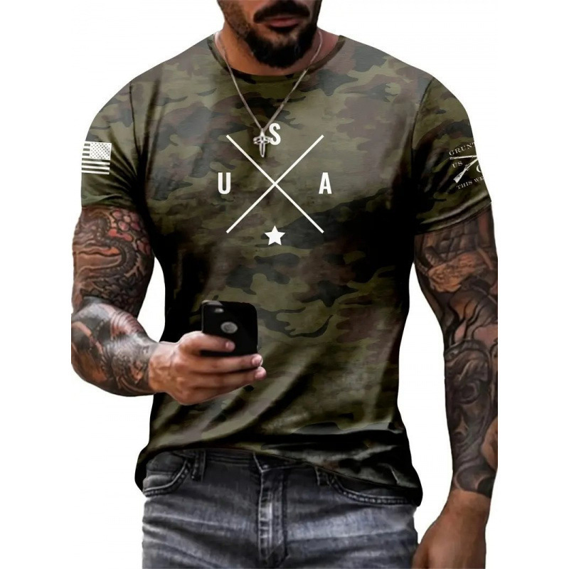 Amazonクロスボーダーヨーロッパとアメリカの人気国旗プリントサマーTシャツレトロ3Dデジタルプリントラウンドネック半袖紳士服|undefined