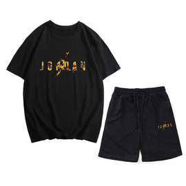跨境夏季男士运动休闲套装薄款宽松透气短袖T恤短裤套装潮牌套装