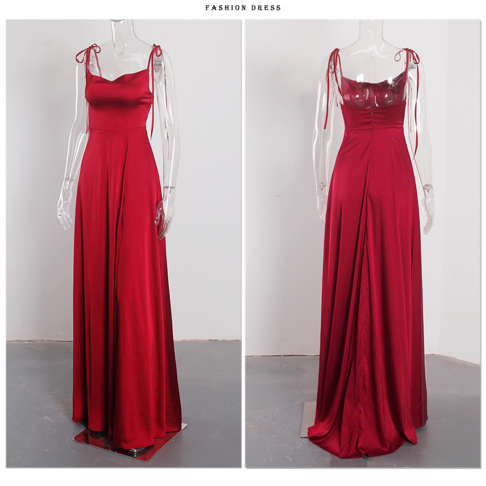 Women's Evening Dress Satin Square Neck Split Long Prom Gown_voghion.com