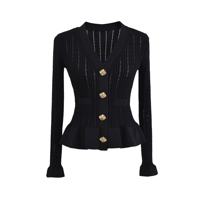 Chanel Style French V-Neck Diamond Buckle Ruffled Trumpet Sleeve Slim-Fit Knitwear Sweater Cardigan Short Coat Early Autumn