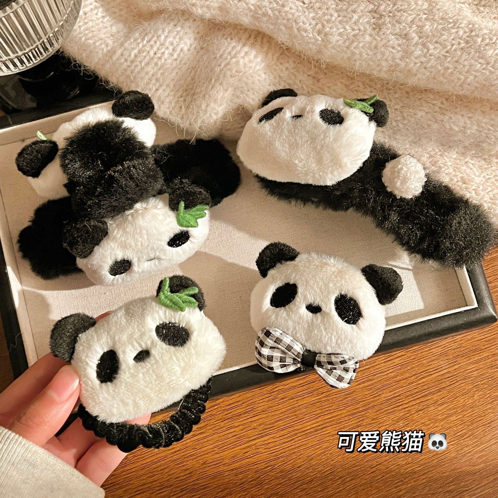 绑头发马尾发圈后脑勺发夹卡通夹子盘发鲨鱼夹可爱熊猫毛绒抓夹