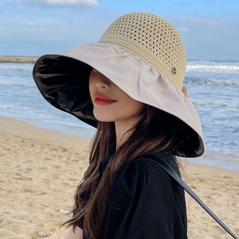 可折叠防紫外线太阳帽黑胶渔夫帽遮脸海边女防晒帽大帽檐遮阳帽子|undefined