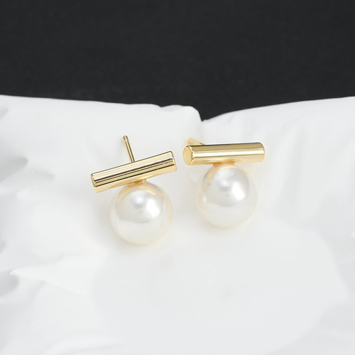 S925 silver needle French gray pearl one-word metal earrings retro simple temperament earrings ins cold earrings