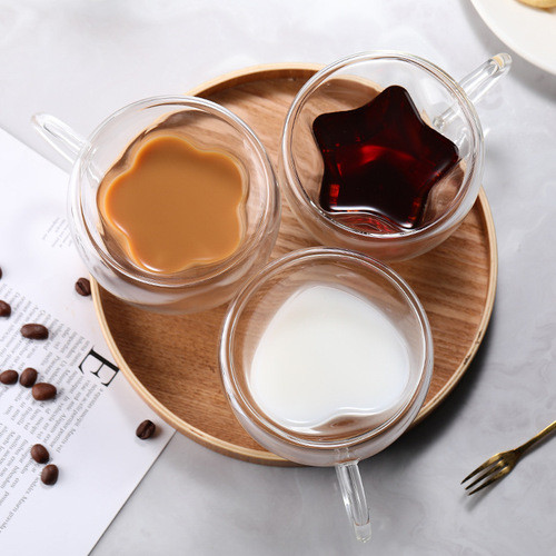High Borosilicate Glass Cup, Simple Insulation Anti-Scald Juice Milk Coffee Glass Water Cup Heart Shaped Double Layer Glass Cup