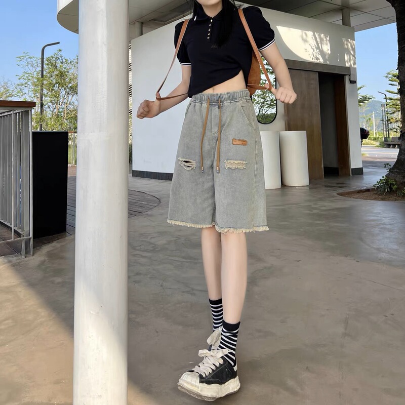 Ripped Denim Shorts for Women, Summer 2025 New Style, Loose Elastic Waist, Straight-Leg, Mid-Length Shorts