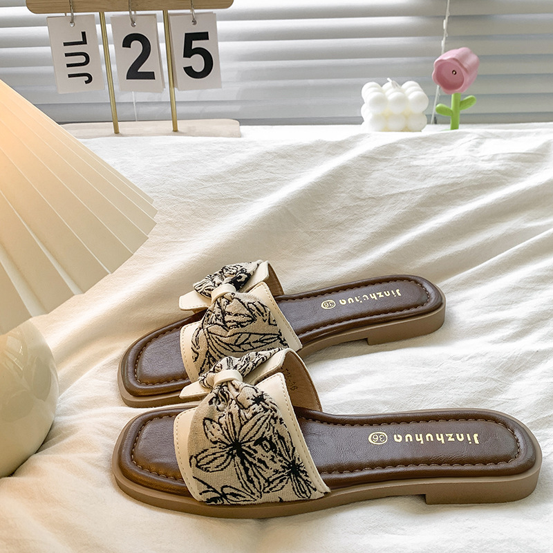 New Chinese Style Design Sandals, New Summer Style, Soft Soles, Non-Tiring Feet, Color Matching, Bow Flat Soles