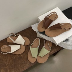 466-6~平底小眾法式復古真皮套趾涼鞋女2024年夏季新款沙灘羅馬鞋