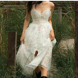 ins欧根纱网纱吊带连衣裙 2022夏季新款欧美时尚印花单排扣大摆裙