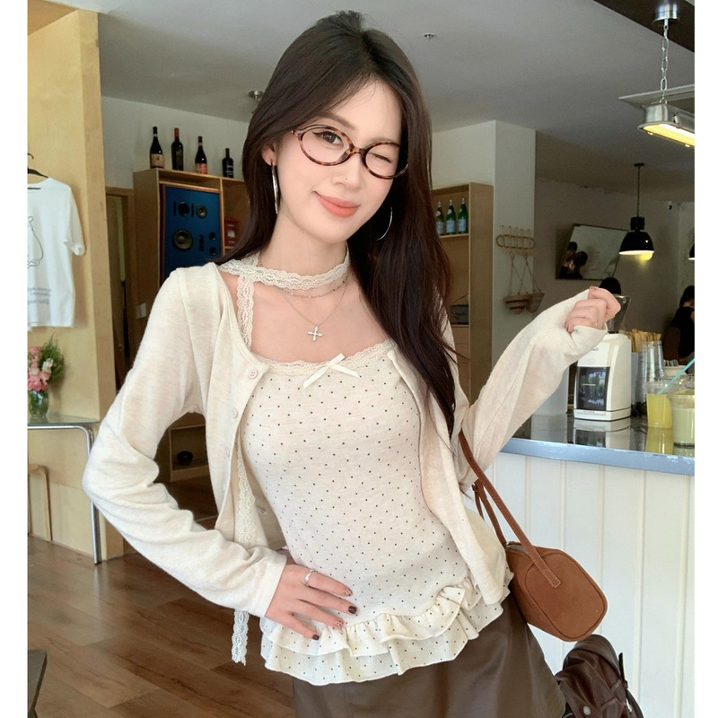 【双纱绒面布+花边染色】新款两件套波点荷叶边吊带背心套装|undefined