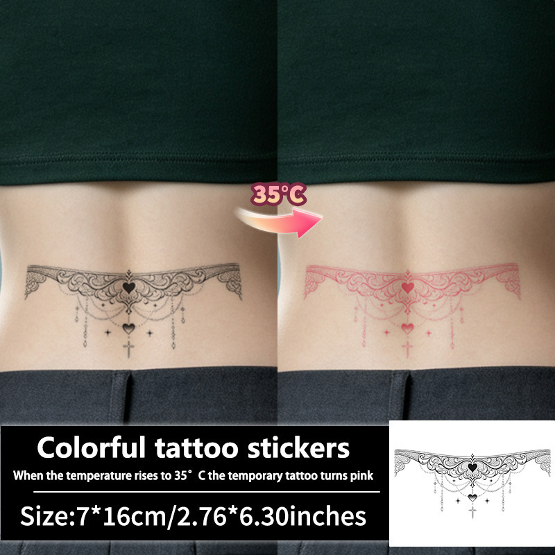 Thermochromic tattoo stickers that change color when heated, lace heart cross design for the lower back, waist, abdomen, and crotch, waterproof temporary tattoo stickers Thermochromic tattoo stickers that change color when heated, lace heart cross design for the lower back, waist, abdomen, and crotch, waterproof temporary tattoo stickers
