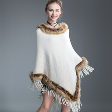 553#欧美秋冬新款仿貉子毛领披肩斗篷流苏针织套头衫皮草斗篷女