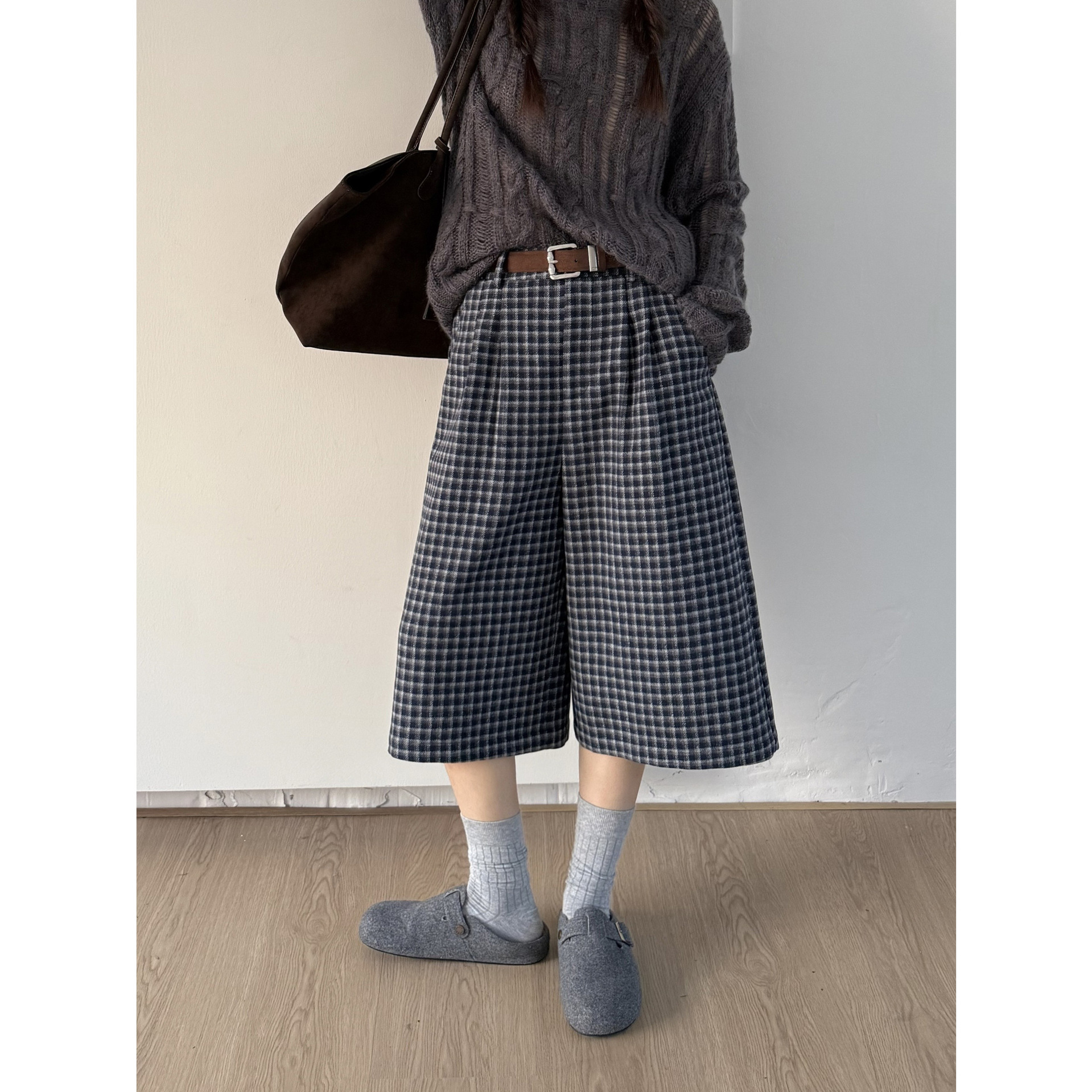 ICC 英伦风气质复古格纹中裤显瘦休闲七分裤广州十三行秋冬1349