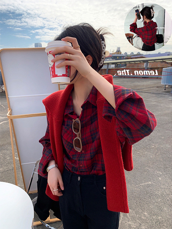 Red Plaid Shirt for Women 2026 New Early Spring Stylish Fashion Brushed Fabric Inner Layering French-Style Shirt