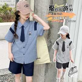 女童夏季新款学院风新中式两件套短袖女童衬衫2025新款爆款套装红