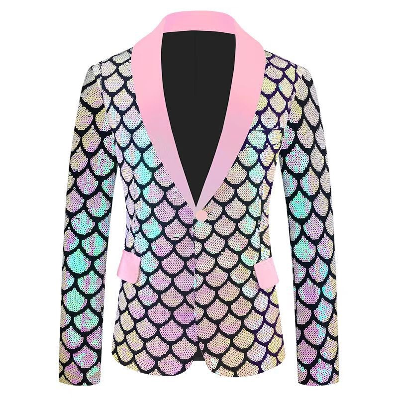 Cross-border US size men's velvet iridescent sequined performance suit with fish scale pattern, tuxedo-style jacket with contrasting colors