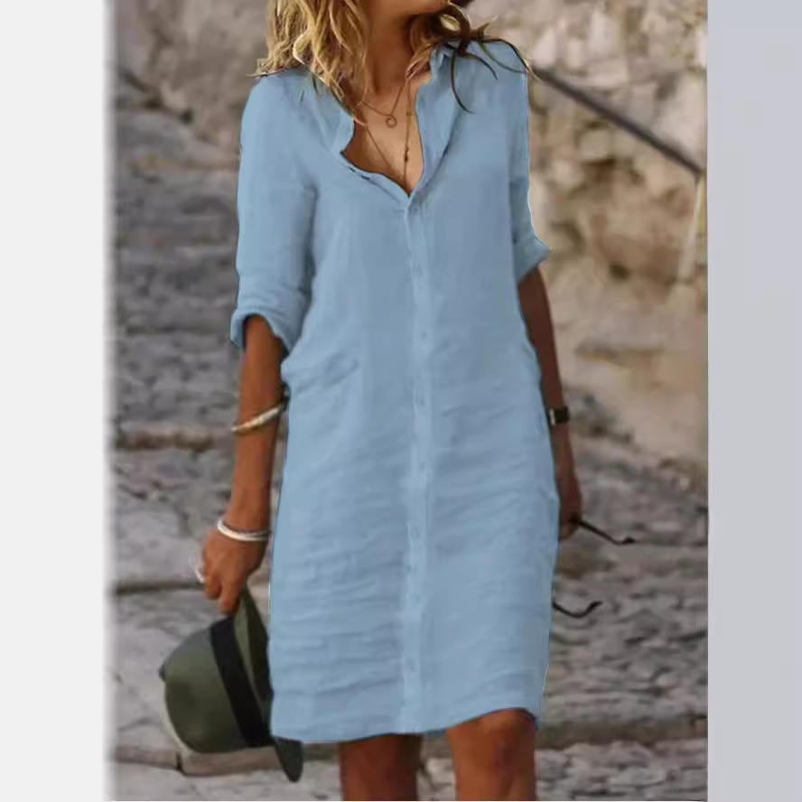 Loose Collar Buttoned Short-Sleeved Plain Cotton-Linen Shirt Dress_ecoleips.com