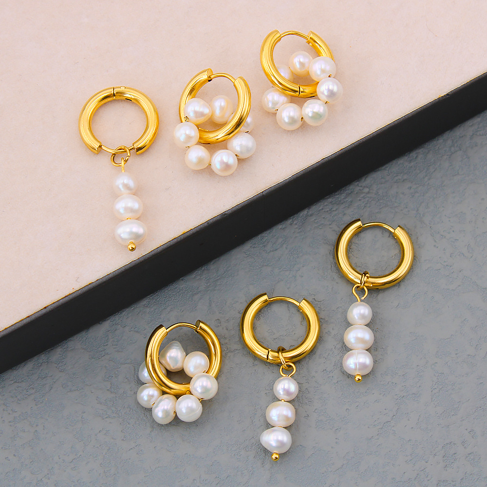 1 Paire Mode Rond Acier Inoxydable Perle D'eau Douce Boucles D'oreilles display picture 1