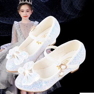 2024 New Style Girls' Flats Korean Version Children's Princess Shoes for Older Girls Small High-Heeled Leather Shoes with Sequins and Bowknots