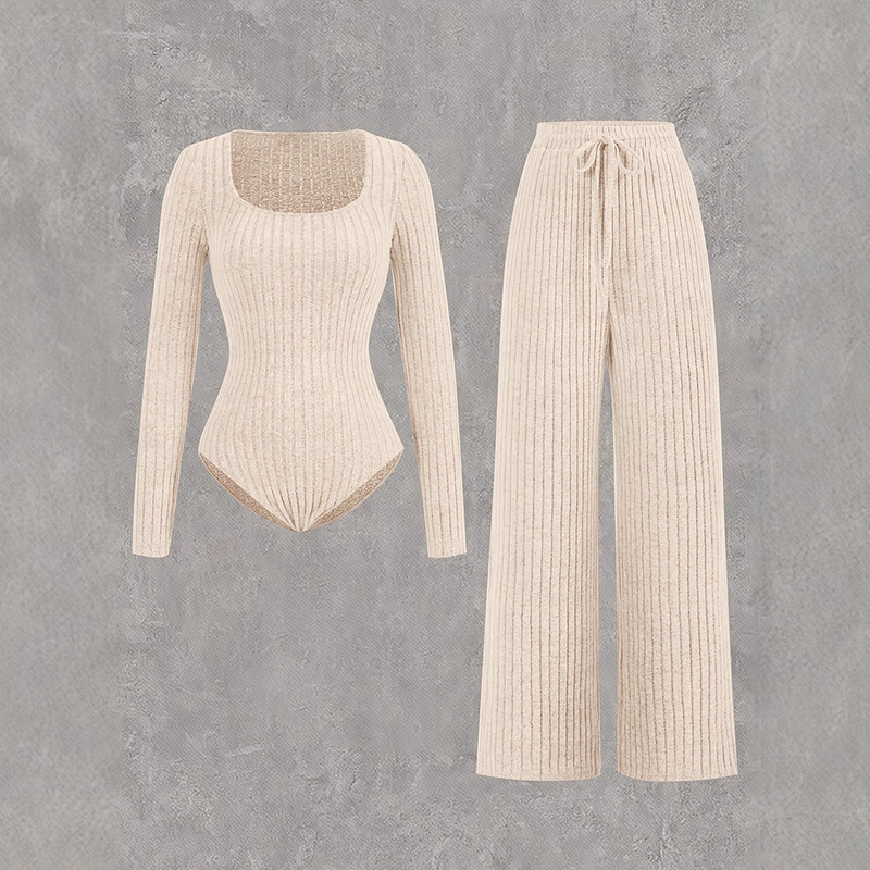 2025 Autumn and Winter New European and American Amazon Cross-Border Women's Square Neck Knitwear High Waist Loose Wide Leg Pants Two-Piece Set