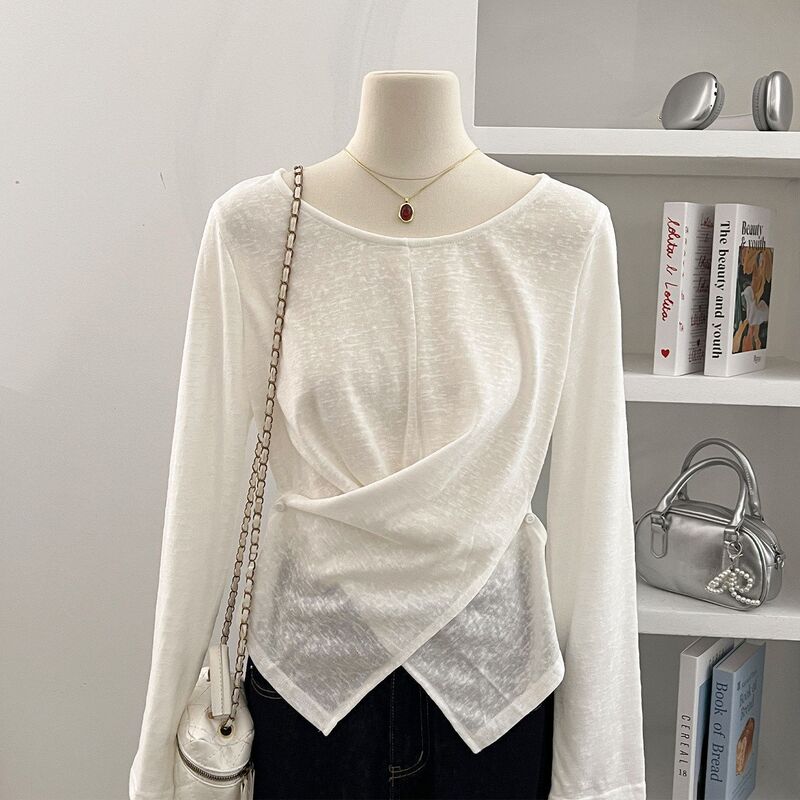 White Irregular Long-Sleeve T-Shirt for Women, Slim Fit, New Spring Style, Layered Thin Semi-Sheer Top with a Stylish Design White Irregular Long-Sleeve T-Shirt for Women, Slim Fit, New Spring Style, Layered Thin Semi-Sheer Top with a Stylish Design