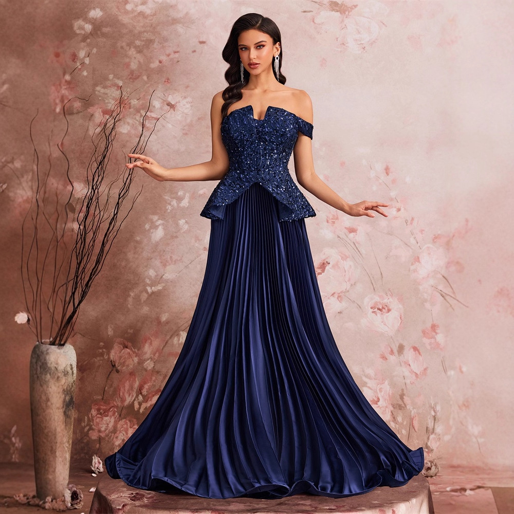 European and American Amazon Elegant Sequin Stitching Fitted Tube Top Off-Shoulder Cocktail Party Dinner Dress Bridesmaid Dress for Women